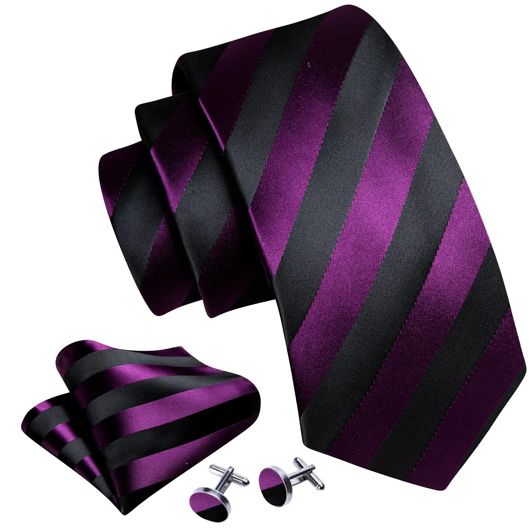 Black Purple Striped Silk Men's Necktie Pocket Square Cufflinks Set sold by Ties2You product image thumbnail 3