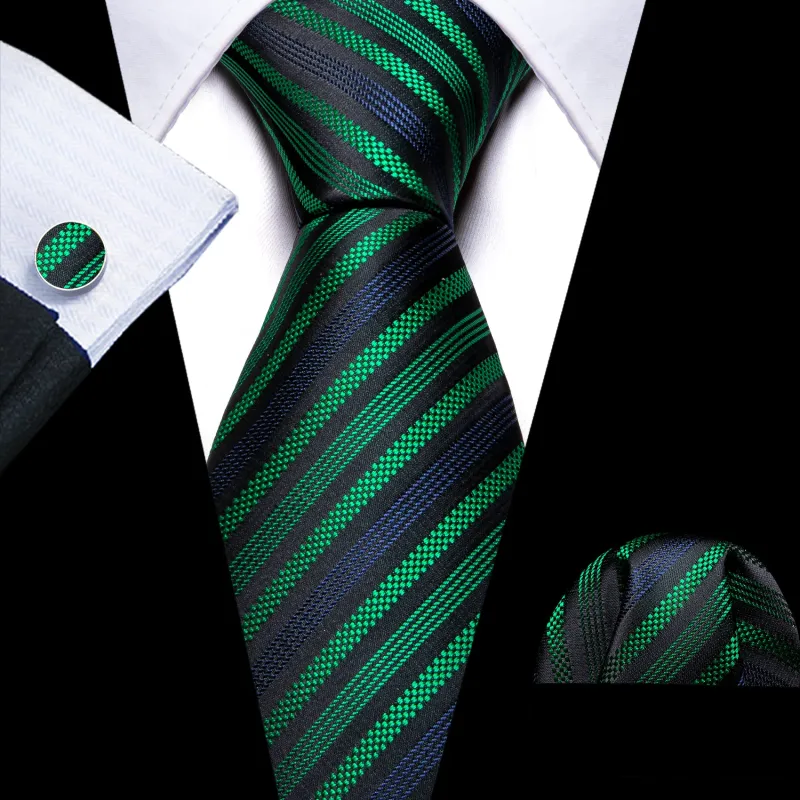 Black Green Striped Silk Men's Necktie Pocket Square Cufflinks Set sold by Ties2You