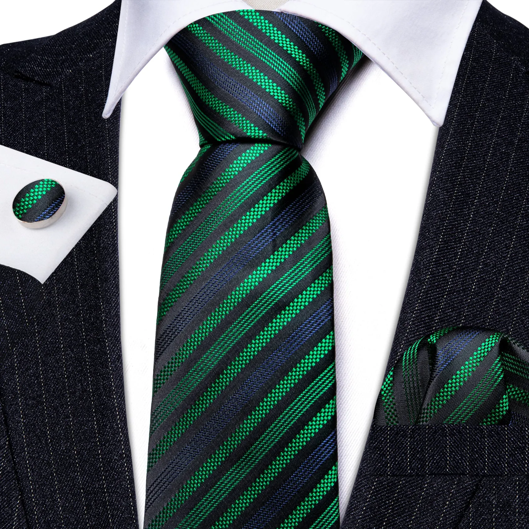 Black Green Striped Silk Men's Necktie Pocket Square Cufflinks Set sold by Ties2You product image thumbnail 2