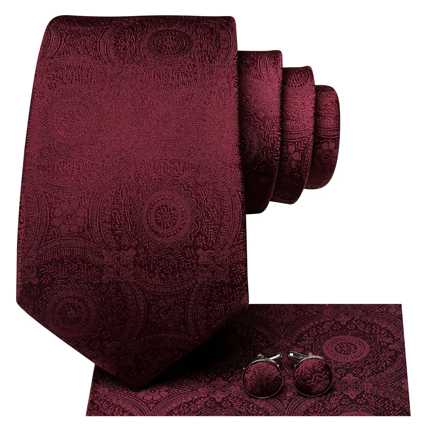Men's Solid Wine Red Floral Necktie Pocket Square Cufflinks Set sold by Ties2You product image thumbnail 5