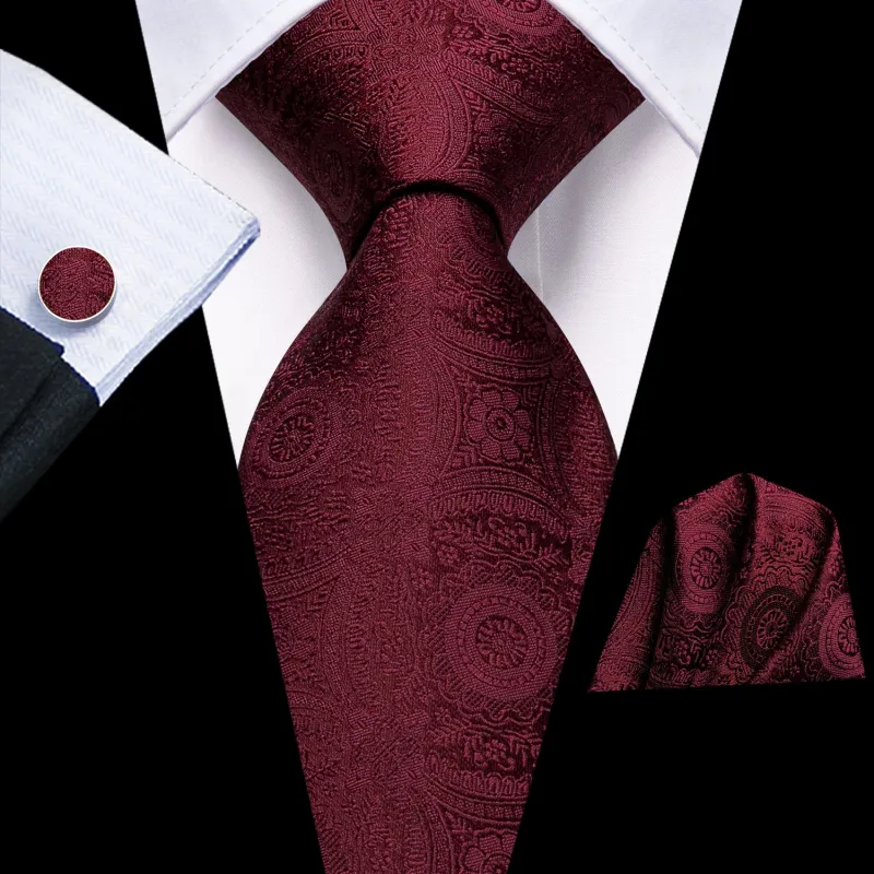 Men's Solid Wine Red Floral Necktie Pocket Square Cufflinks Set sold by Ties2You