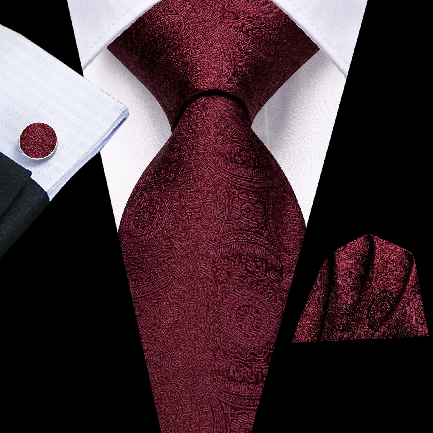 Men's Solid Wine Red Floral Necktie Pocket Square Cufflinks Set sold by Ties2You