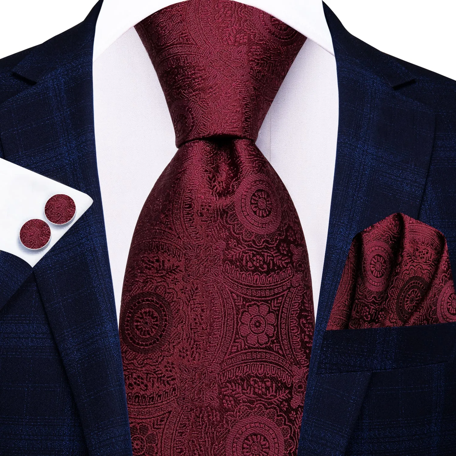 Men's Solid Wine Red Floral Necktie Pocket Square Cufflinks Set sold by Ties2You product image thumbnail 4