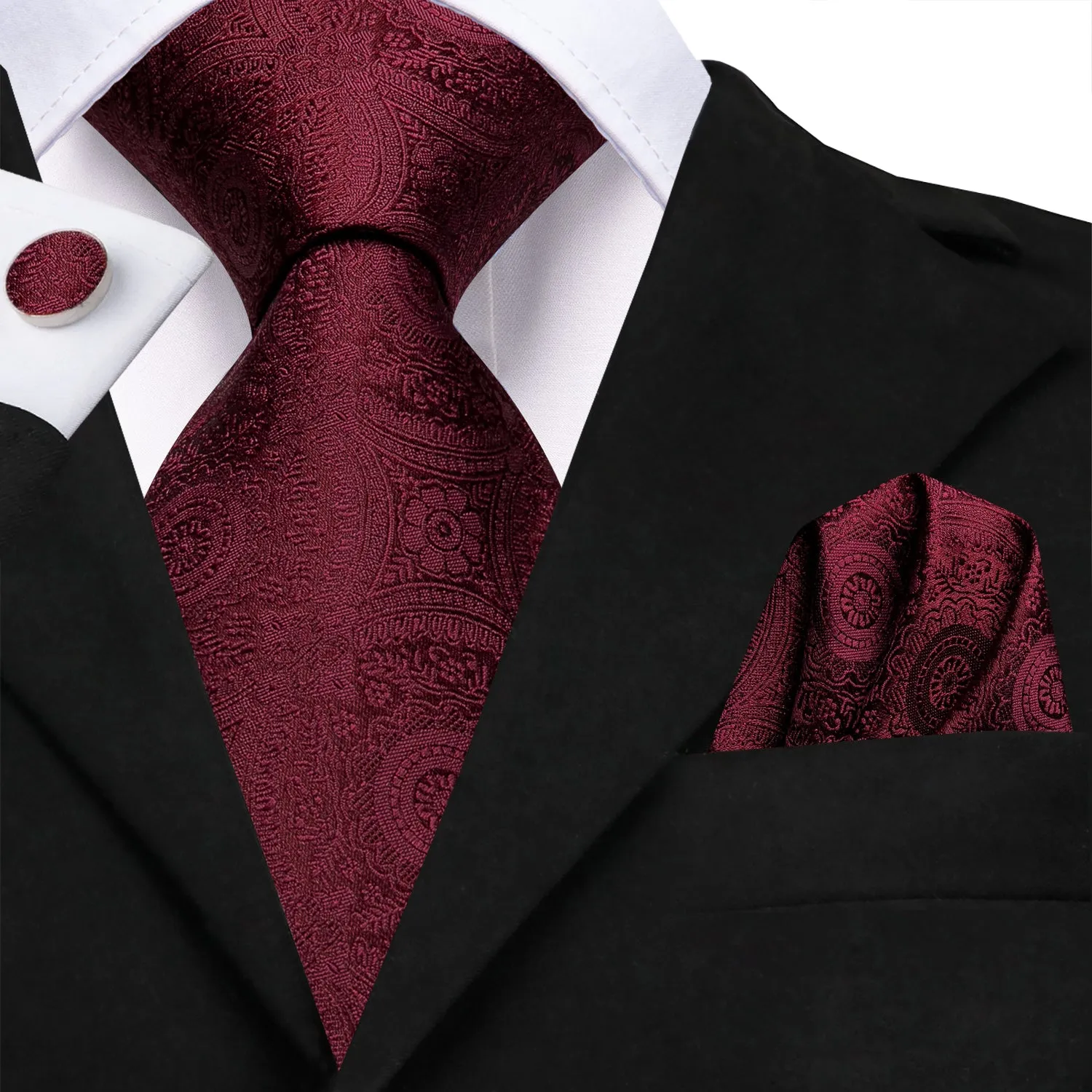 Men's Solid Wine Red Floral Necktie Pocket Square Cufflinks Set sold by Ties2You product image thumbnail 2