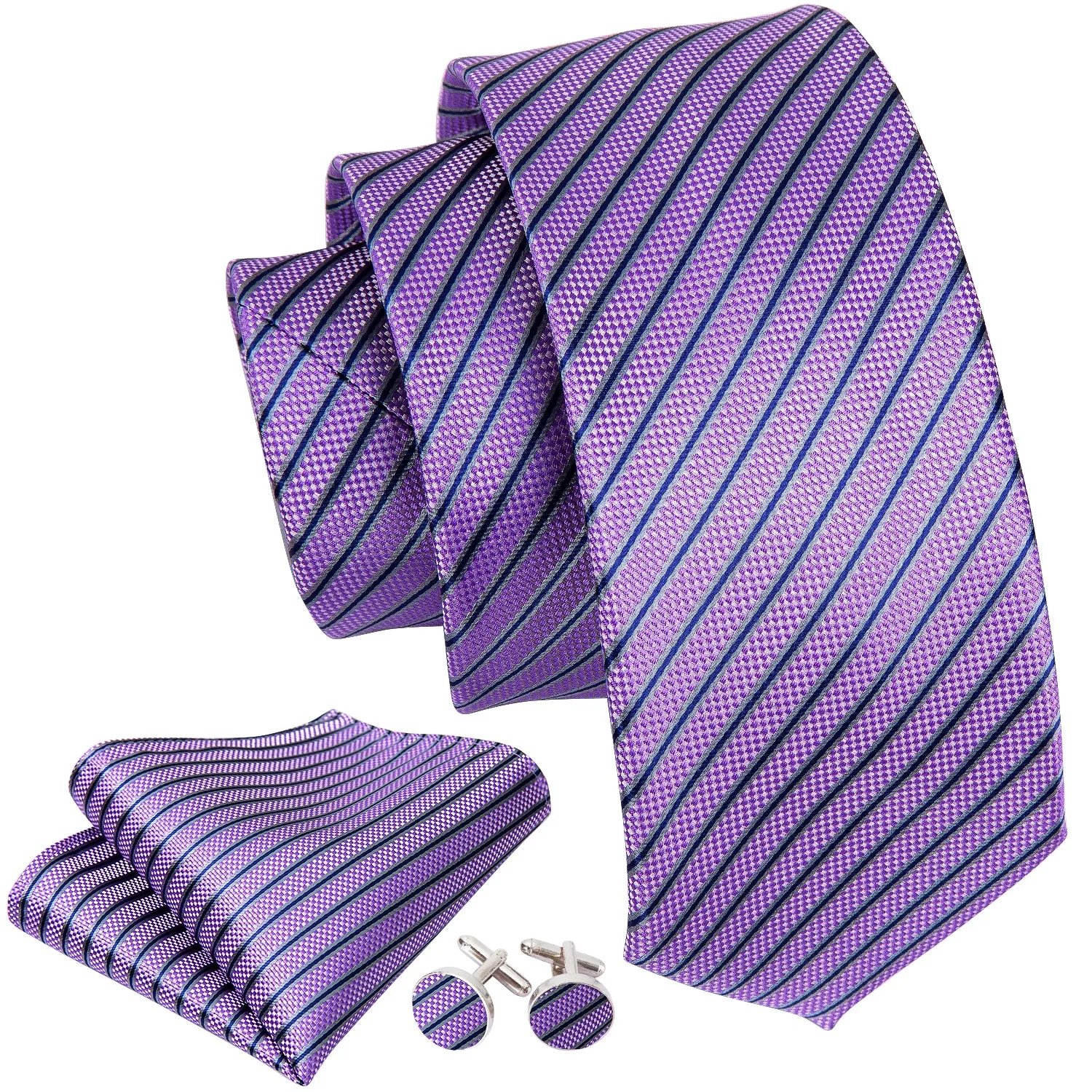 Purple Striped Men's Tie Pocket Square Cufflinks Set sold by Ties2You product image thumbnail 4