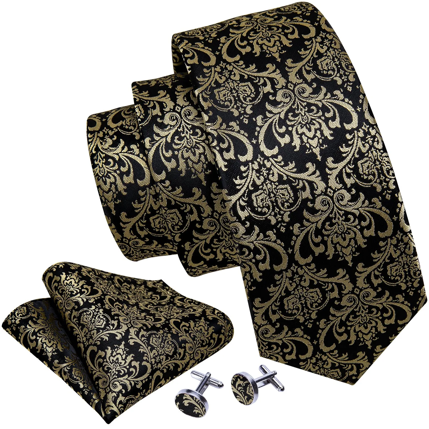 Black Champagne Floral Men's Tie Pocket Square Cufflinks Set sold by Ties2You product image thumbnail 5