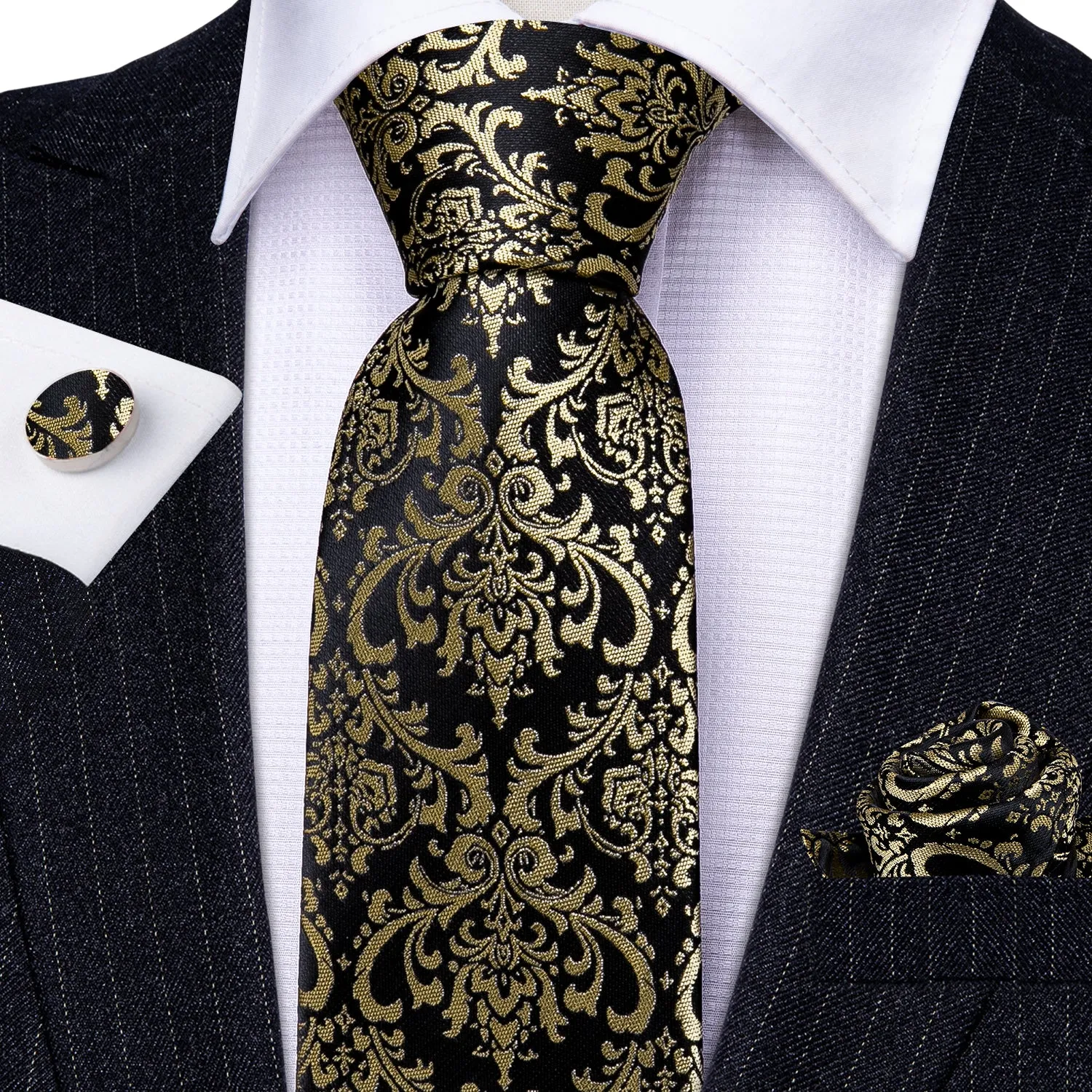 Black Champagne Floral Men's Tie Pocket Square Cufflinks Set sold by Ties2You product image thumbnail 3