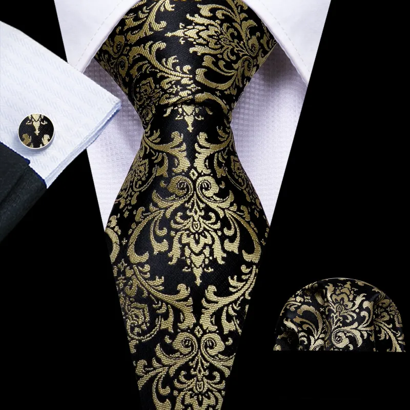 Black Champagne Floral Men's Tie Pocket Square Cufflinks Set sold by Ties2You