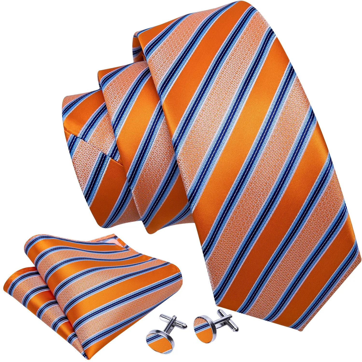 Ties2you Mens Tie Orange Blue Striped Silk Tie Pocket Square Cufflinks Set sold by Ties2You product image thumbnail 4