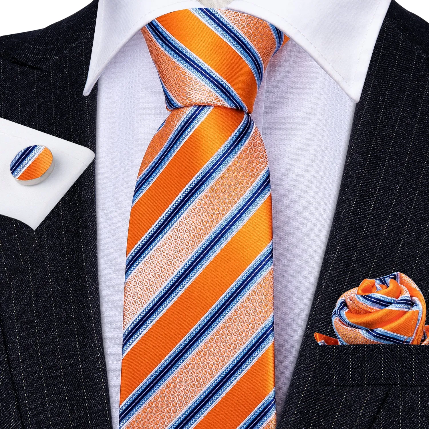 Ties2you Mens Tie Orange Blue Striped Silk Tie Pocket Square Cufflinks Set sold by Ties2You product image thumbnail 5