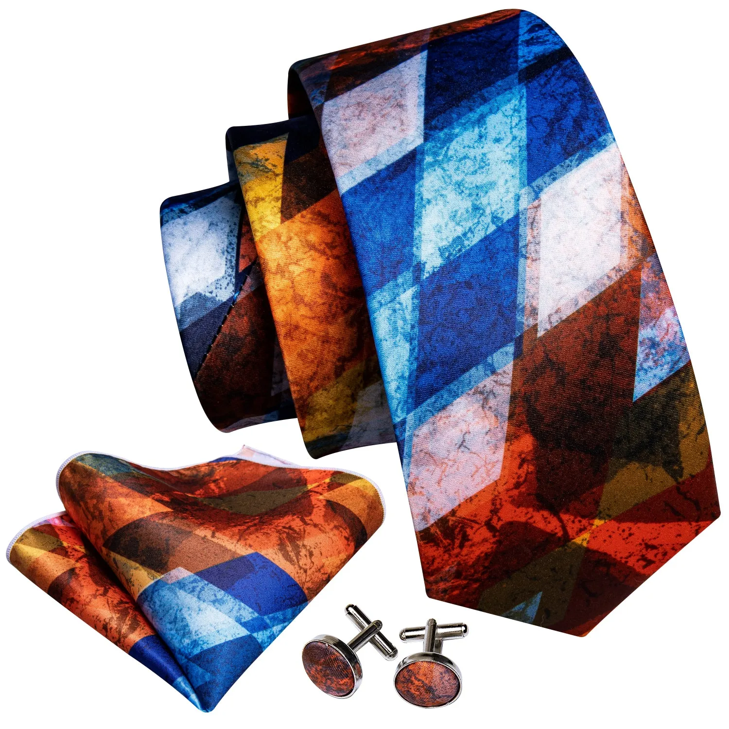 Orange Blue Geometric Novelty Print Men's Necktie Pocket Square Cufflinks Set sold by Ties2You product image thumbnail 2