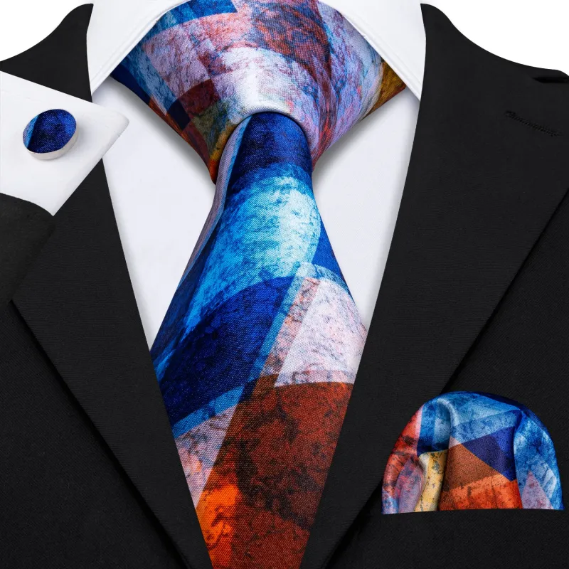 Orange Blue Geometric Novelty Print Men's Necktie Pocket Square Cufflinks Set sold by Ties2You