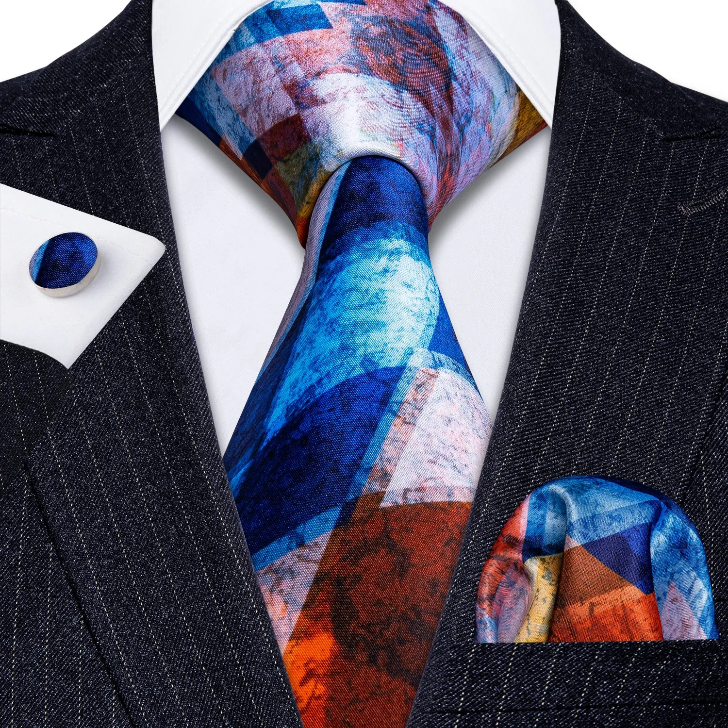 Orange Blue Geometric Novelty Print Men's Necktie Pocket Square Cufflinks Set sold by Ties2You product image thumbnail 5
