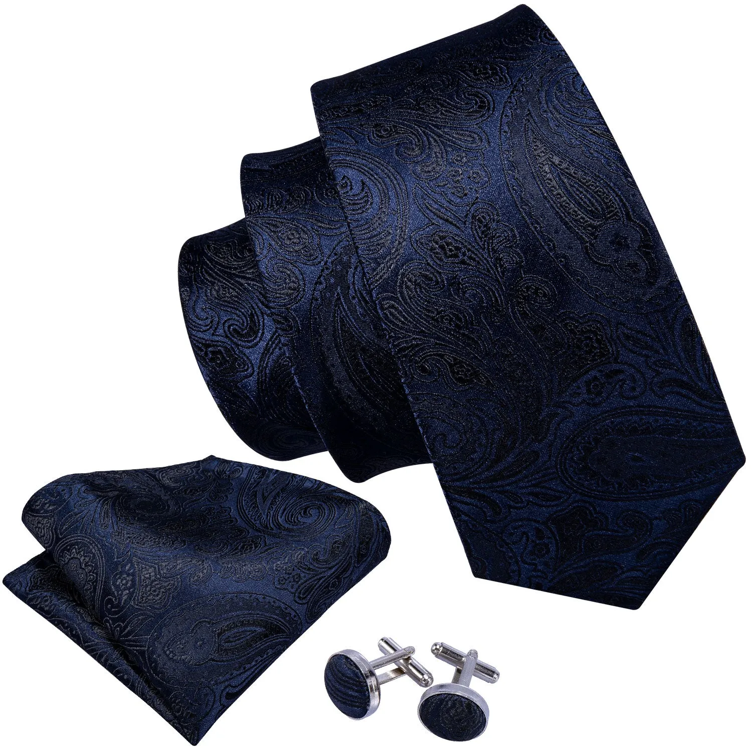 Black Blue Paisley Necktie Pocket Square Cufflinks Set sold by Ties2You product image thumbnail 4
