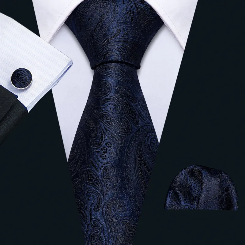 Black Blue Paisley Necktie Pocket Square Cufflinks Set sold by Ties2You