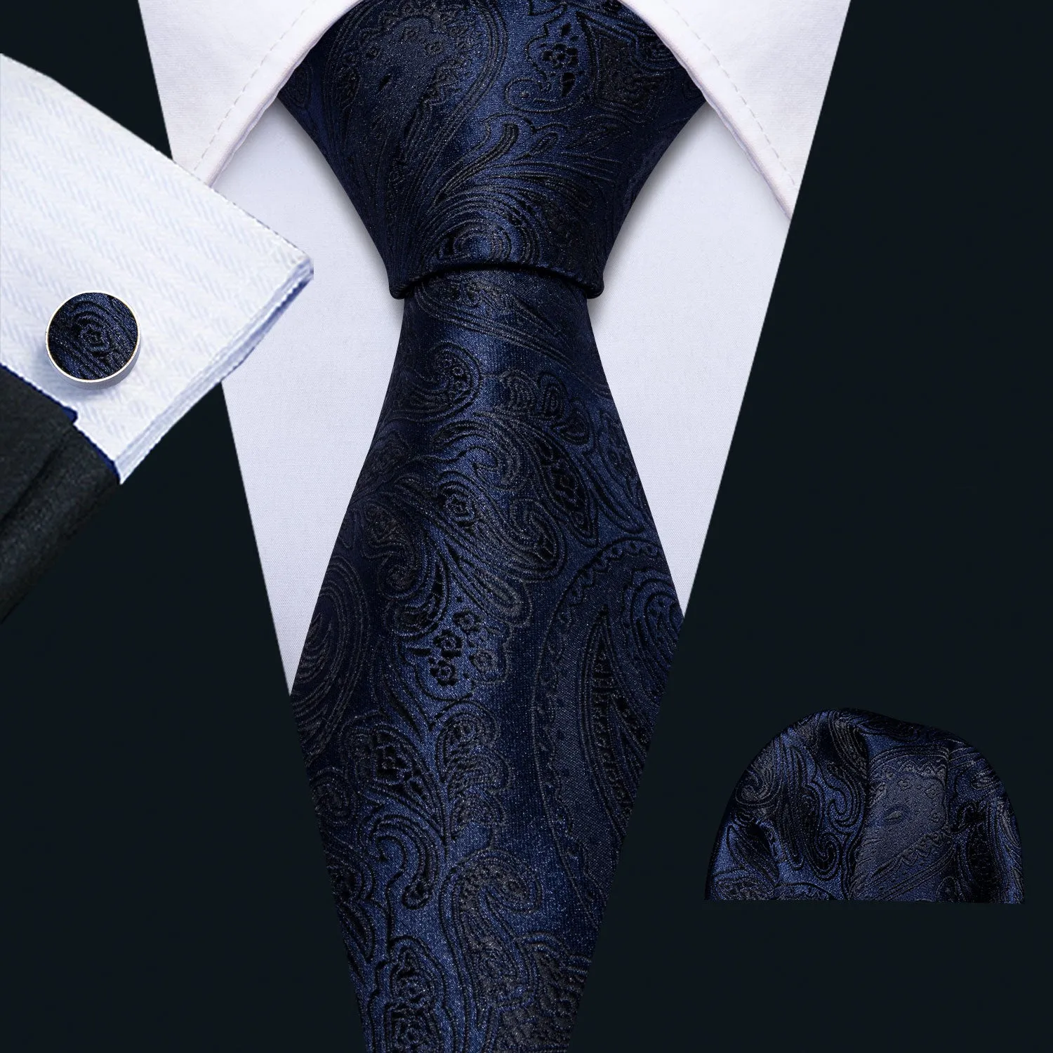 Black Blue Paisley Necktie Pocket Square Cufflinks Set sold by Ties2You