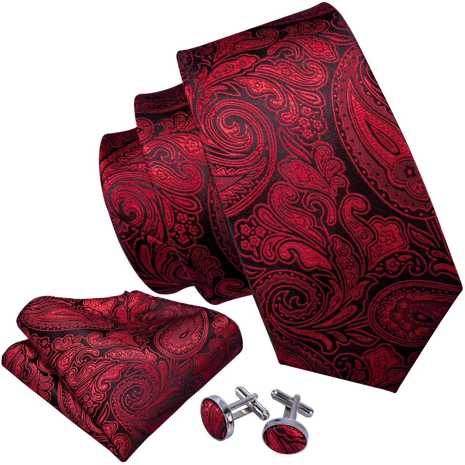 Black Red Paisley Necktie Pocket Square Cufflinks Set sold by Ties2You product image thumbnail 4