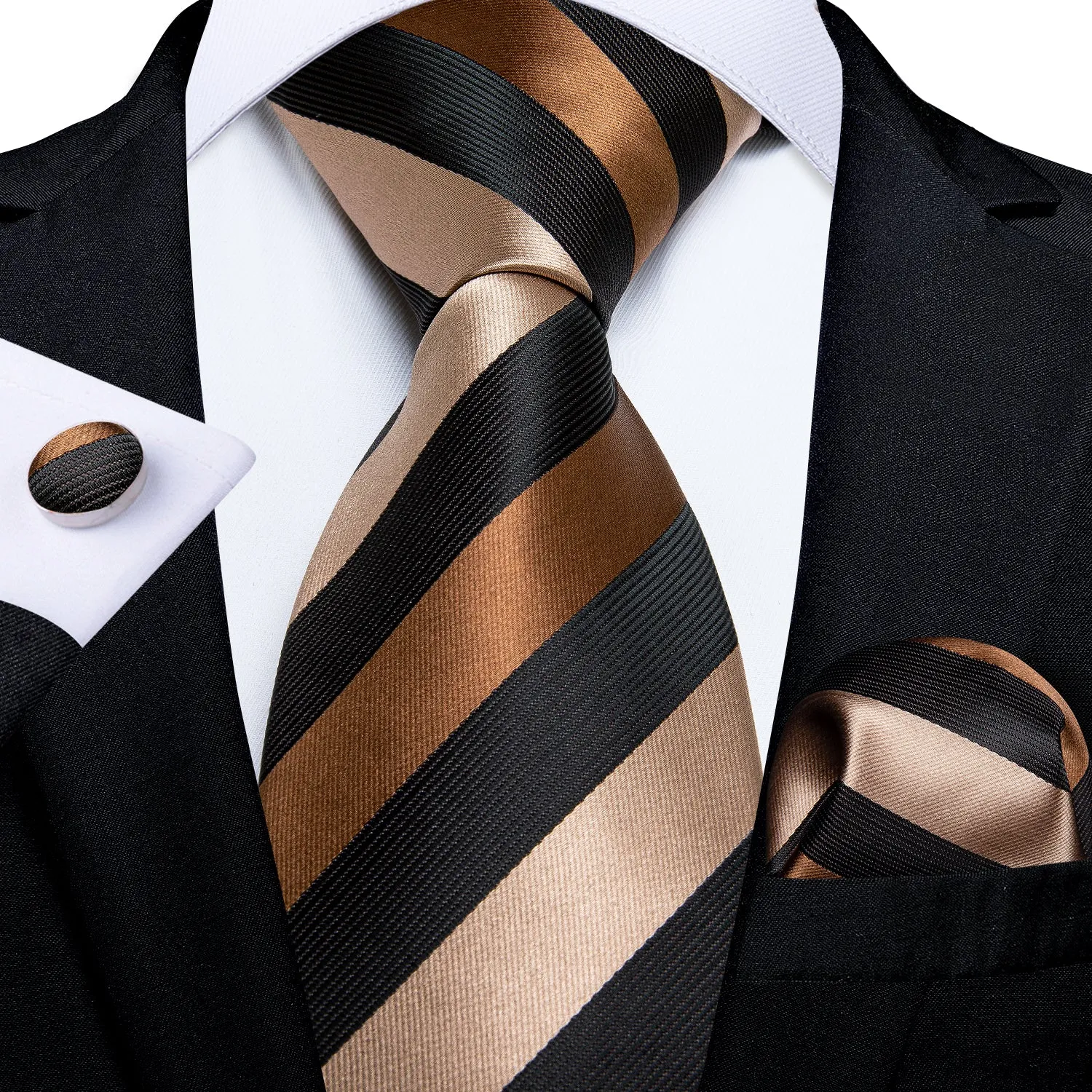 Silver Brown Black Striped Silk Men's Tie Pocket Square Cufflinks Set sold by Ties2You