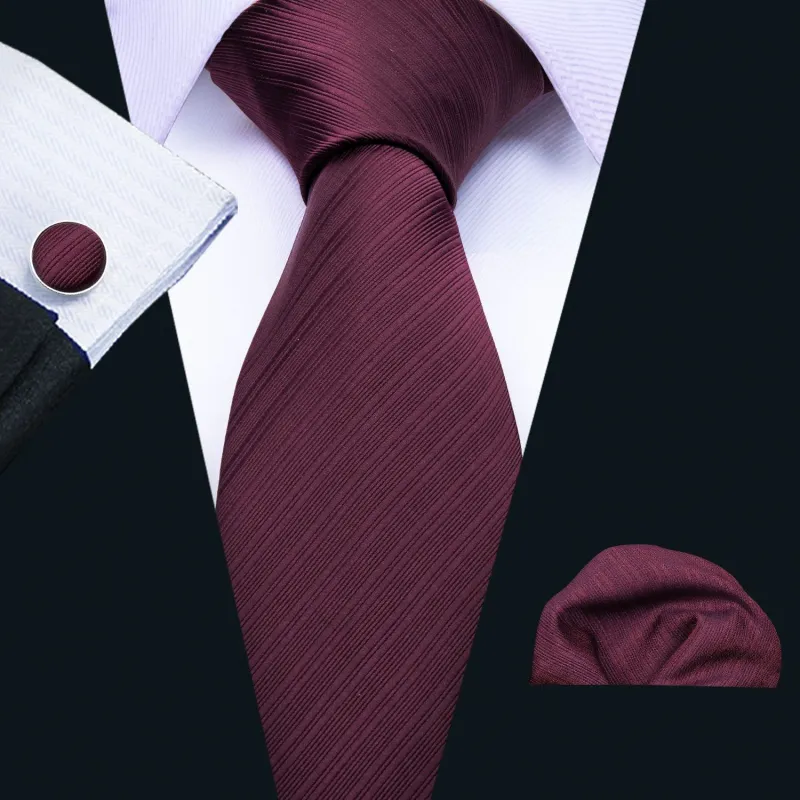 Dark Red Narrow Striped Silk Men's Tie Hanky Cufflinks Set sold by Ties2You