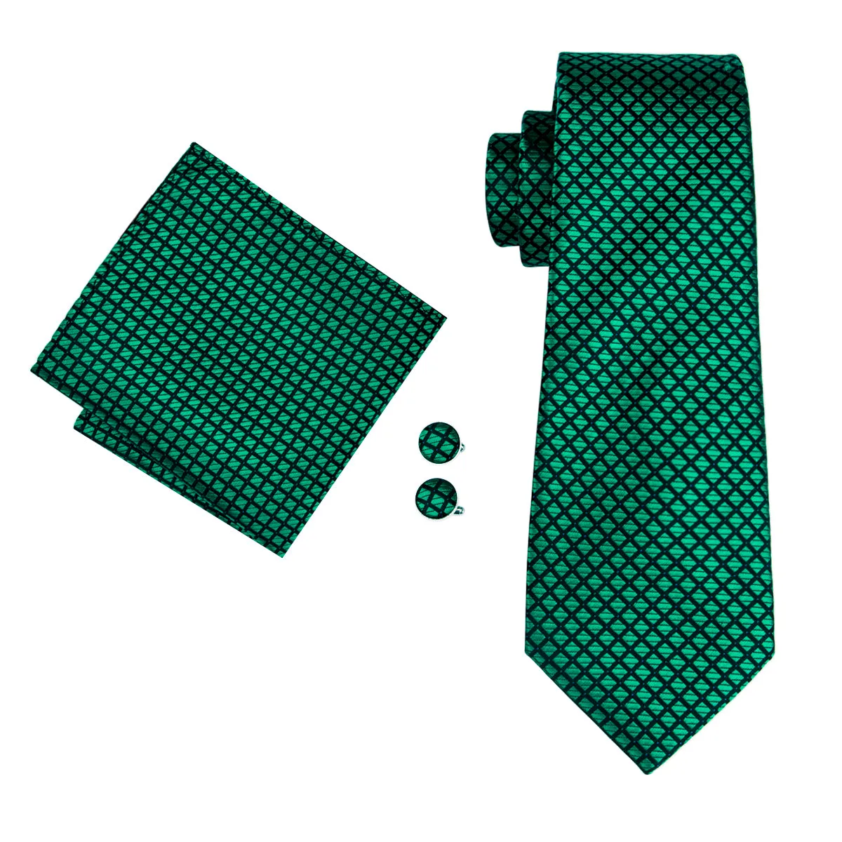 Dark Green Plaid Tie Pocket Square Cufflinks Set sold by Ties2You product image thumbnail 3