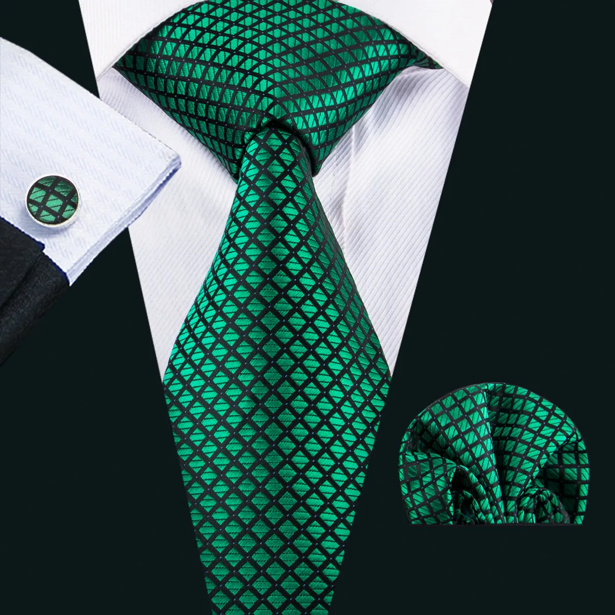 Dark Green Plaid Tie Pocket Square Cufflinks Set sold by Ties2You
