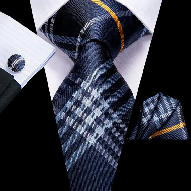 Navy Blue Yellow Plaid Necktie Pocket Square Cufflinks Set sold by Ties2You