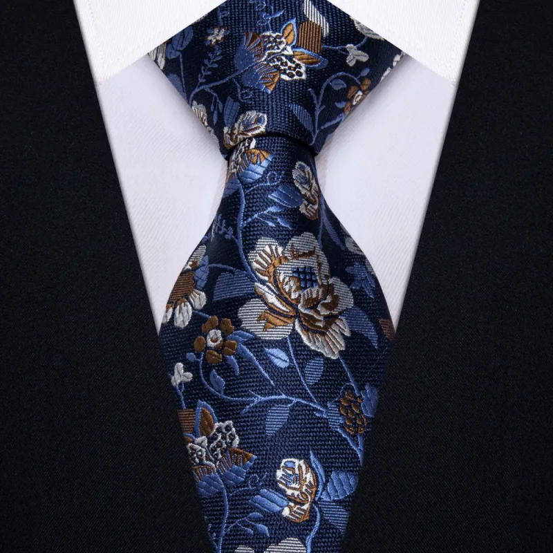 Ties2you Deep Blue Tie Brown Floral Men Necktie Hanky Cufflinks Set sold by Ties2You