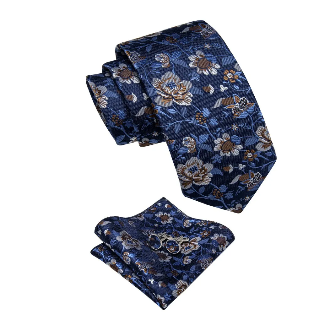 Ties2you Deep Blue Tie Brown Floral Men Necktie Hanky Cufflinks Set sold by Ties2You product image thumbnail 3