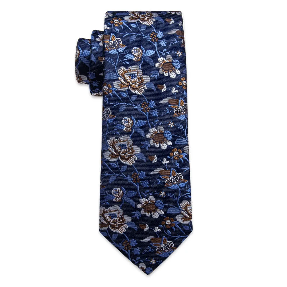 Ties2you Deep Blue Tie Brown Floral Men Necktie Hanky Cufflinks Set sold by Ties2You product image thumbnail 4