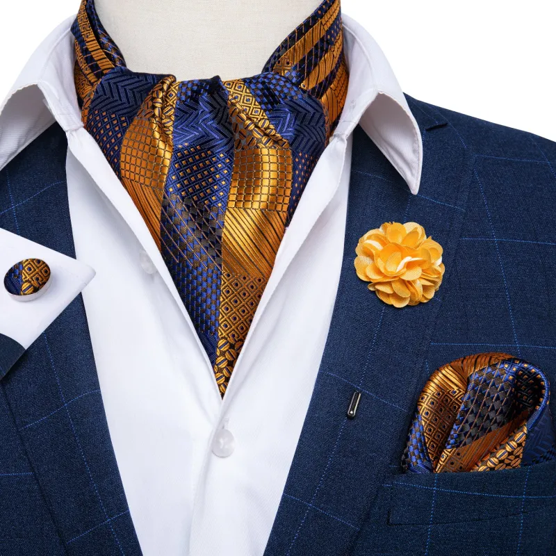 Golden Blue Plaid Silk Ascot Cravat Pocket Square Cufflinks Set With Lapel Pin sold by Ties2You