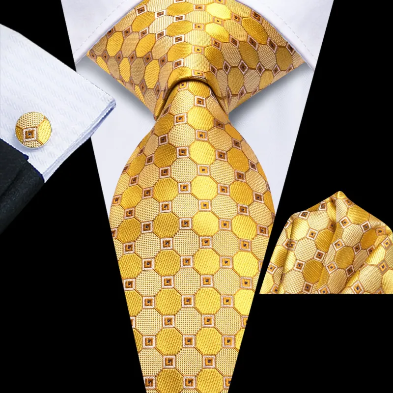 Ties2you Mens Tie Canary Yellow Geometric Silk Tie Pocket Square Cufflinks Set sold by Ties2You