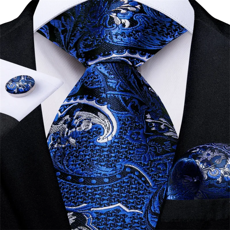Ties2you Easy-pull Tie Blue Silver Floral Men's Silk Tie Set Fashion sold by Ties2You