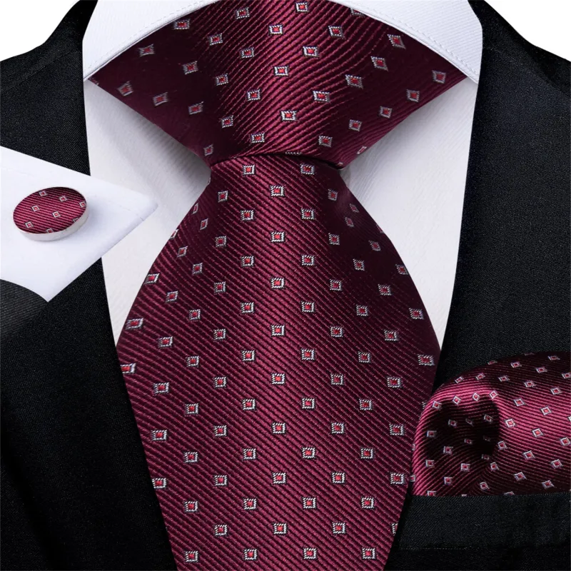 Ties2you Red Tie Burgundy Jacquard Plaid Men's Silk Easy-pull Tie Set sold by Ties2You