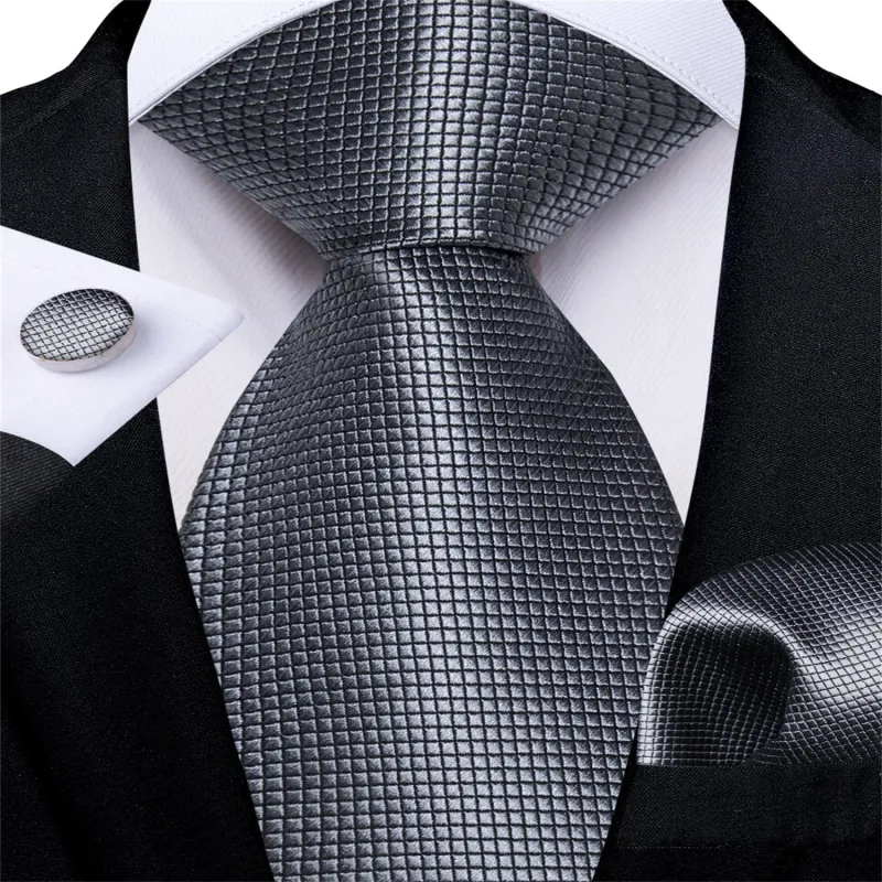 Ties2you Bucket Tie Dim Gray Plaid Men's Silk Tie Hanky Cufflinks Set sold by Ties2You