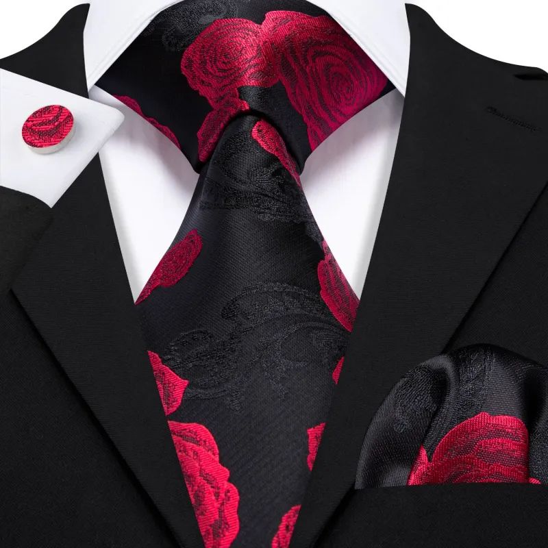 Black Red Rose Floral Men's Necktie Pocket Square Cufflinks Set sold by Ties2You
