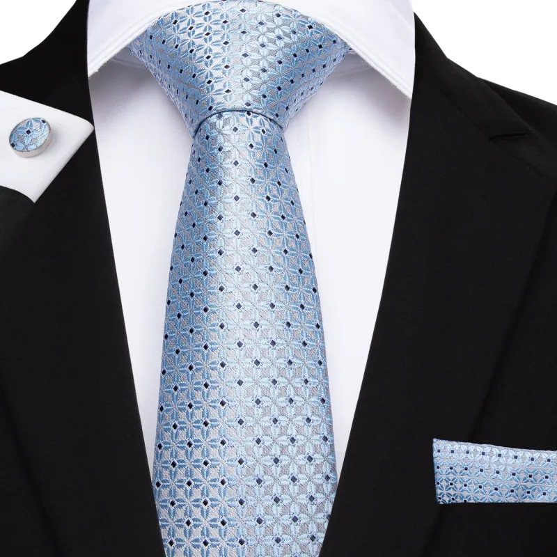Sky-blue Floral Silk Fabric 63 Inches Tie Hanky Cufflinks Set sold by Ties2You