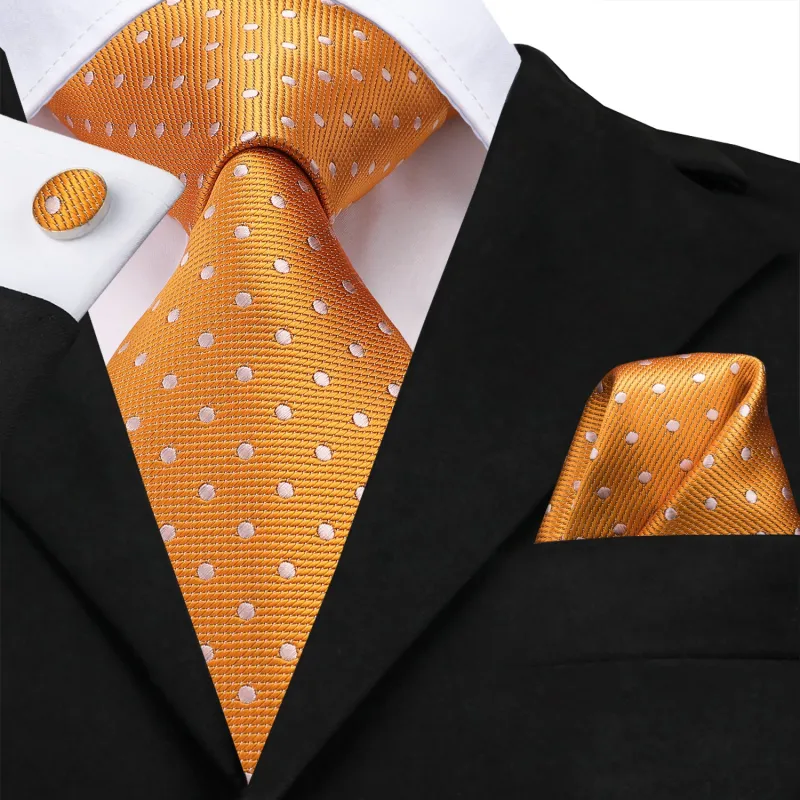 Orange White Polka Dot Men's Necktie Pocket Square Cufflinks Set sold by Ties2You