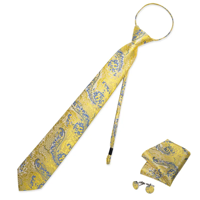 Yellow Blue Paisley Silk Pre-tied Tie Pocket Square Cufflinks Set sold by Ties2You