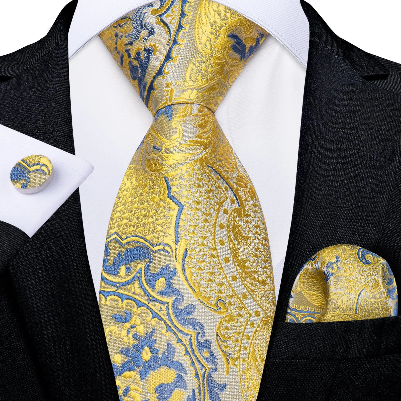 Yellow Blue Paisley Silk Pre-tied Tie Pocket Square Cufflinks Set sold by Ties2You product image thumbnail 2
