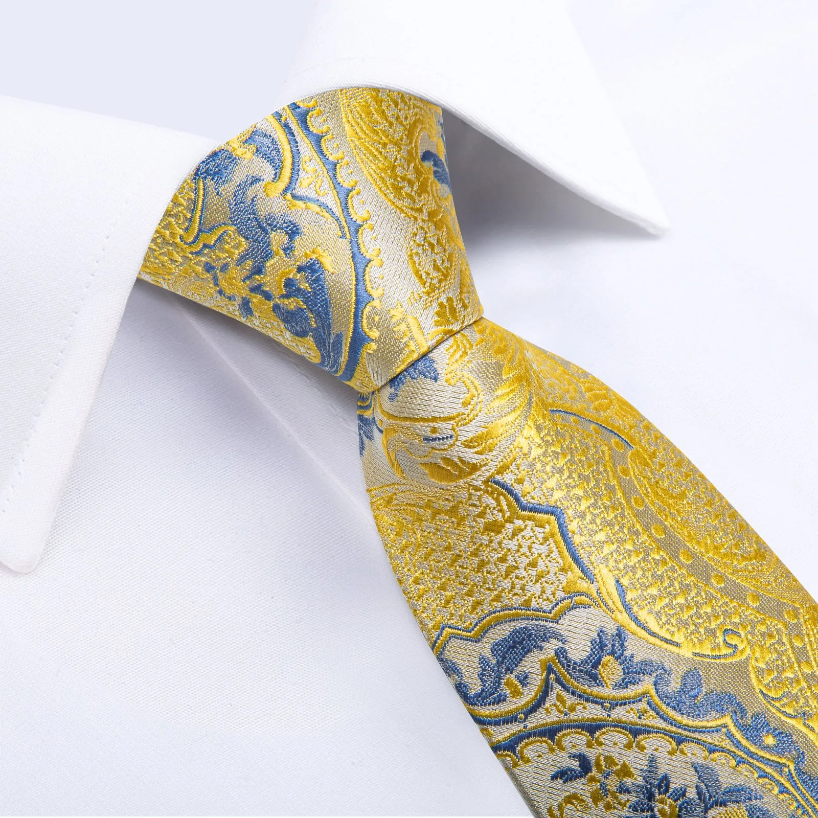 Yellow Blue Paisley Silk Pre-tied Tie Pocket Square Cufflinks Set sold by Ties2You product image thumbnail 5