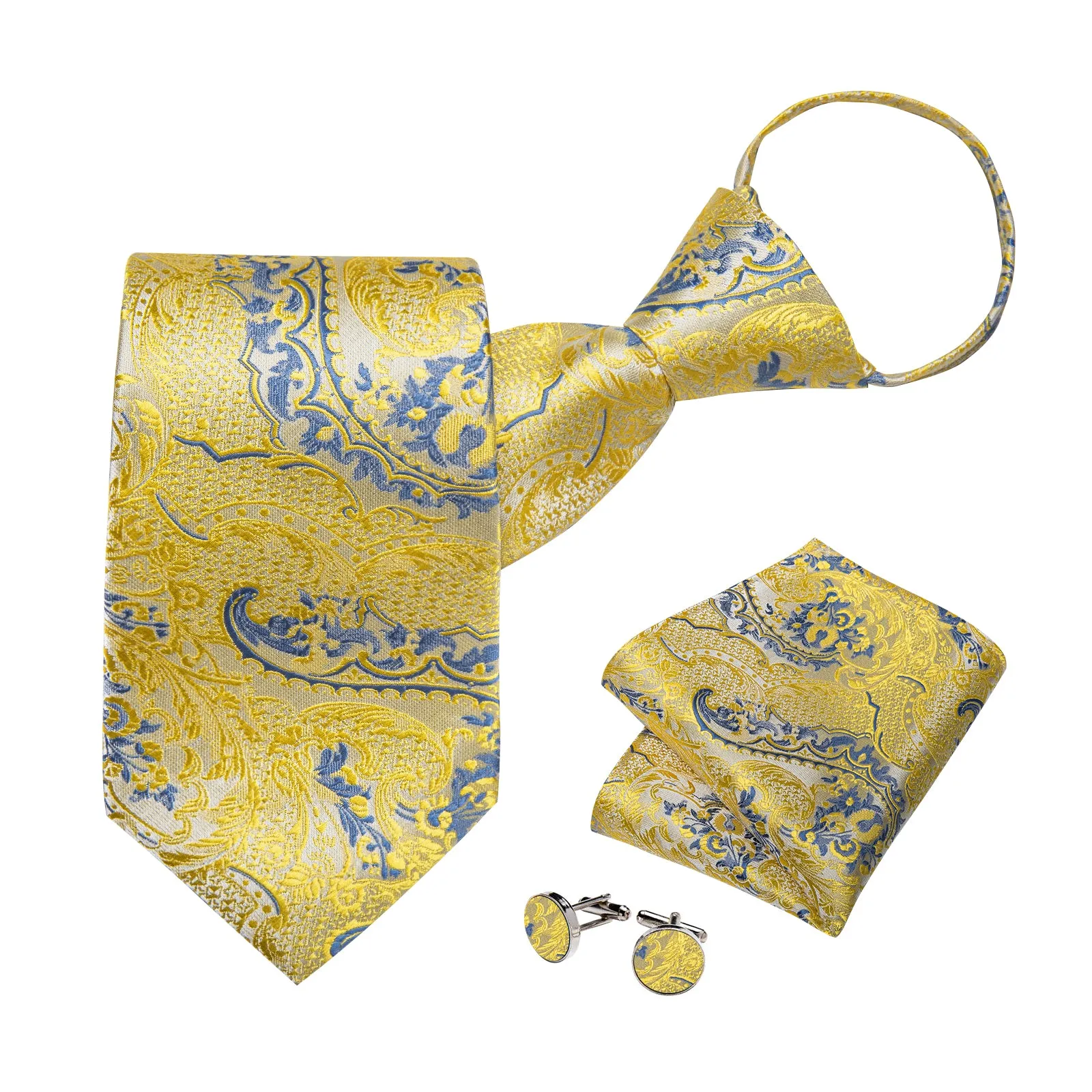 Yellow Blue Paisley Silk Pre-tied Tie Pocket Square Cufflinks Set sold by Ties2You product image thumbnail 3