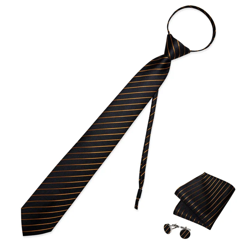 Black Gold Stripe Silk Pre-tied Tie Pocket Square Cufflinks Set sold by Ties2You