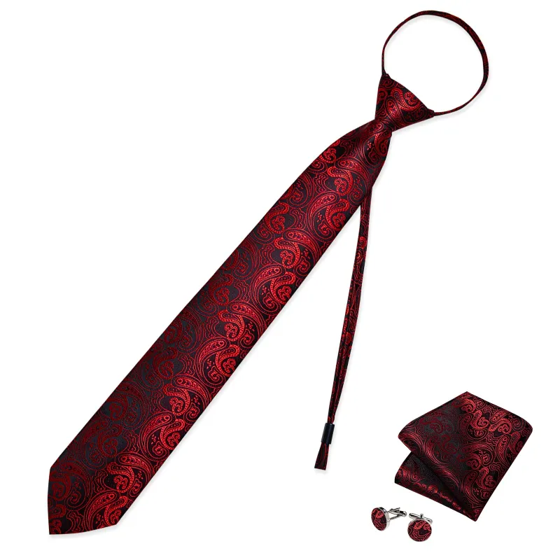 Black Red Paisley Silk Pre-tied Tie Pocket Square Cufflinks Set sold by Ties2You