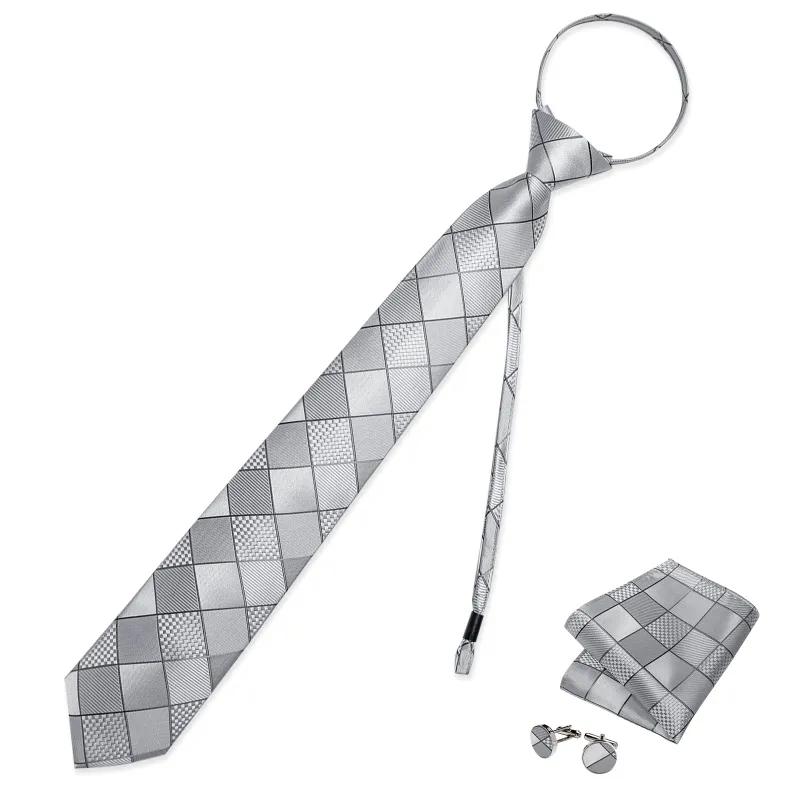 Grey Plaid Silk Pre-tied Tie Pocket Square Cufflinks Set sold by Ties2You