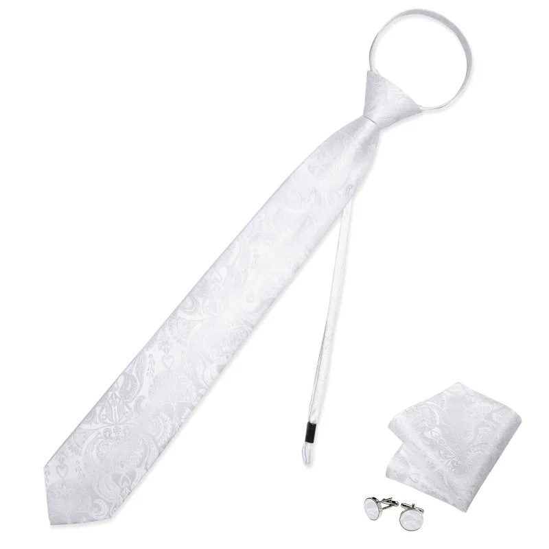 White Paisley Silk Pre-tied Tie Pocket Square Cufflinks Set made by Ties2You
