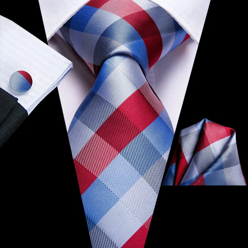 Blue Red Plaid Tie Pocket Square Cufflinks Set sold by Ties2You