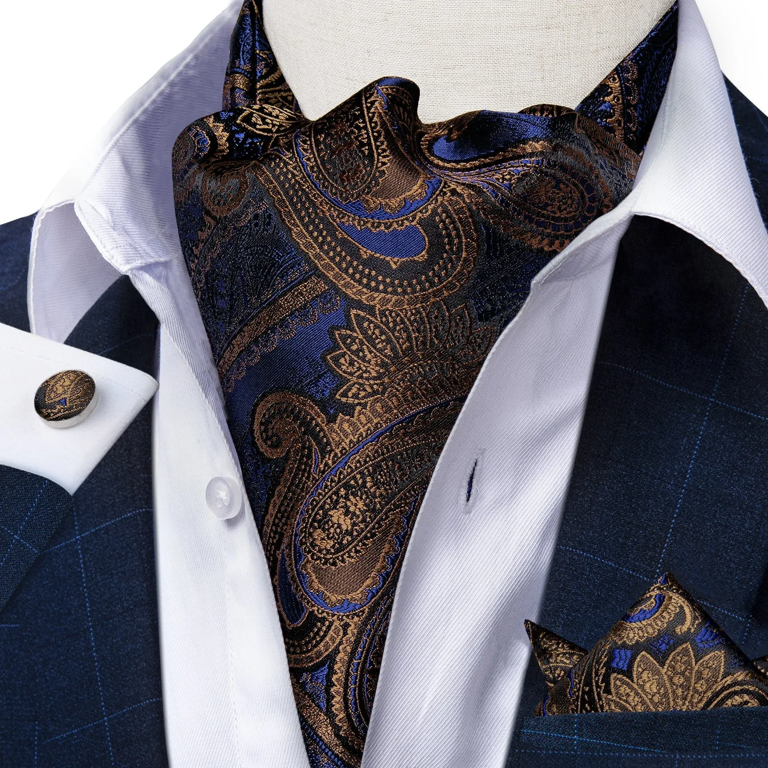 Novelty Blue Brown Paisley Silk Cravat Woven Ascot Tie Pocket Square Handkerchief Set sold by Ties2You product image thumbnail 2