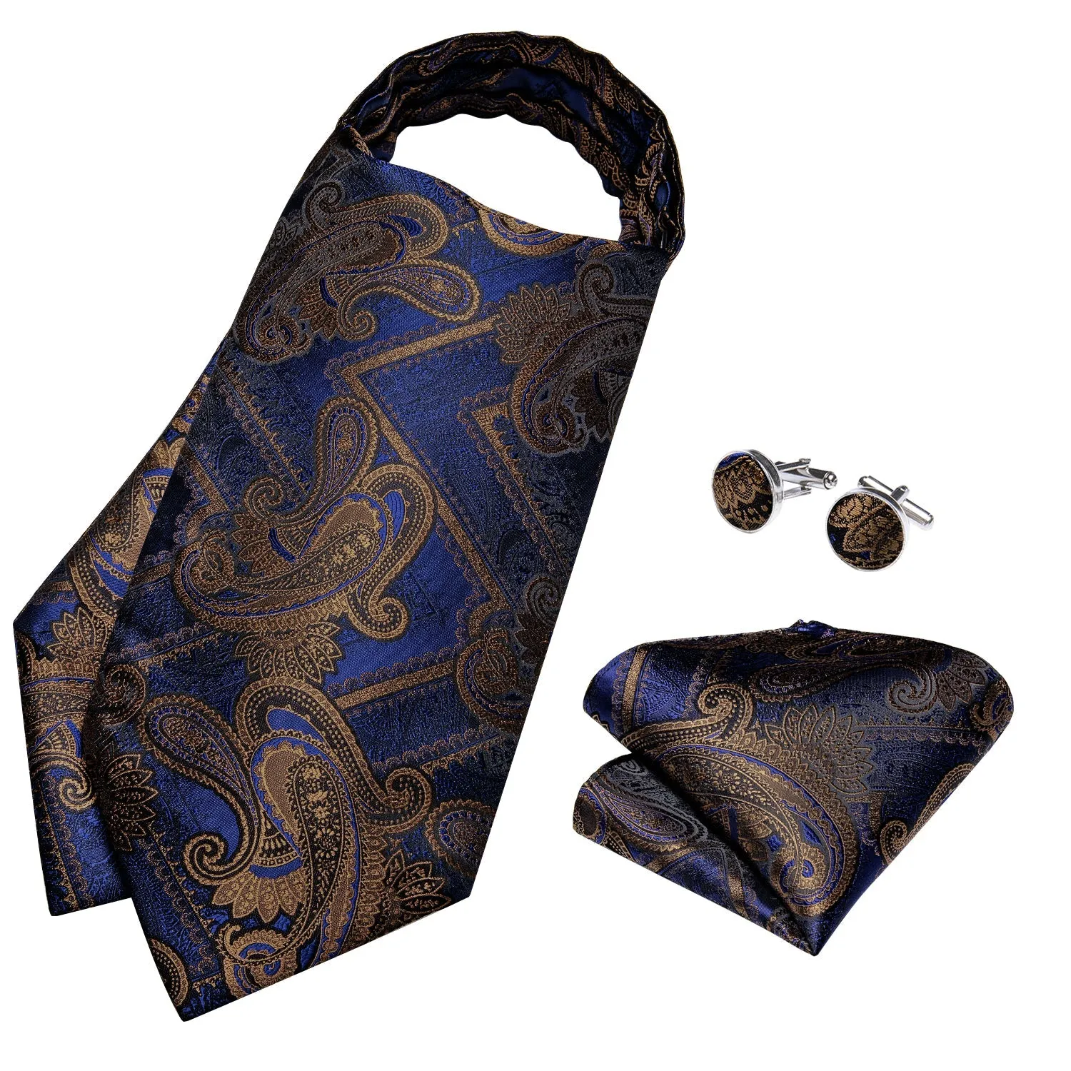 Novelty Blue Brown Paisley Silk Cravat Woven Ascot Tie Pocket Square Handkerchief Set sold by Ties2You product image thumbnail 3