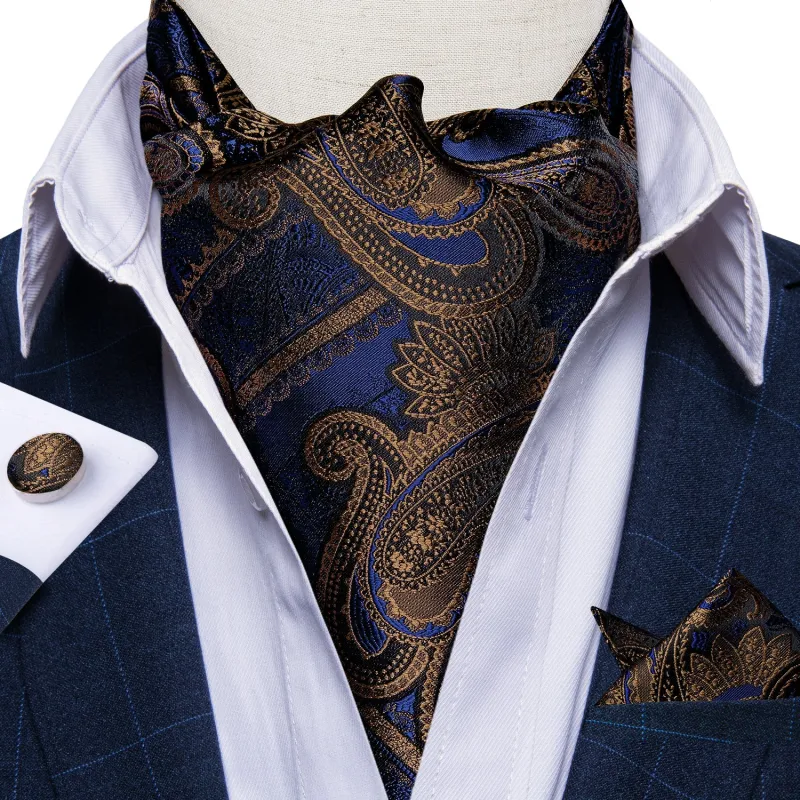 Novelty Blue Brown Paisley Silk Cravat Woven Ascot Tie Pocket Square Handkerchief Set sold by Ties2You