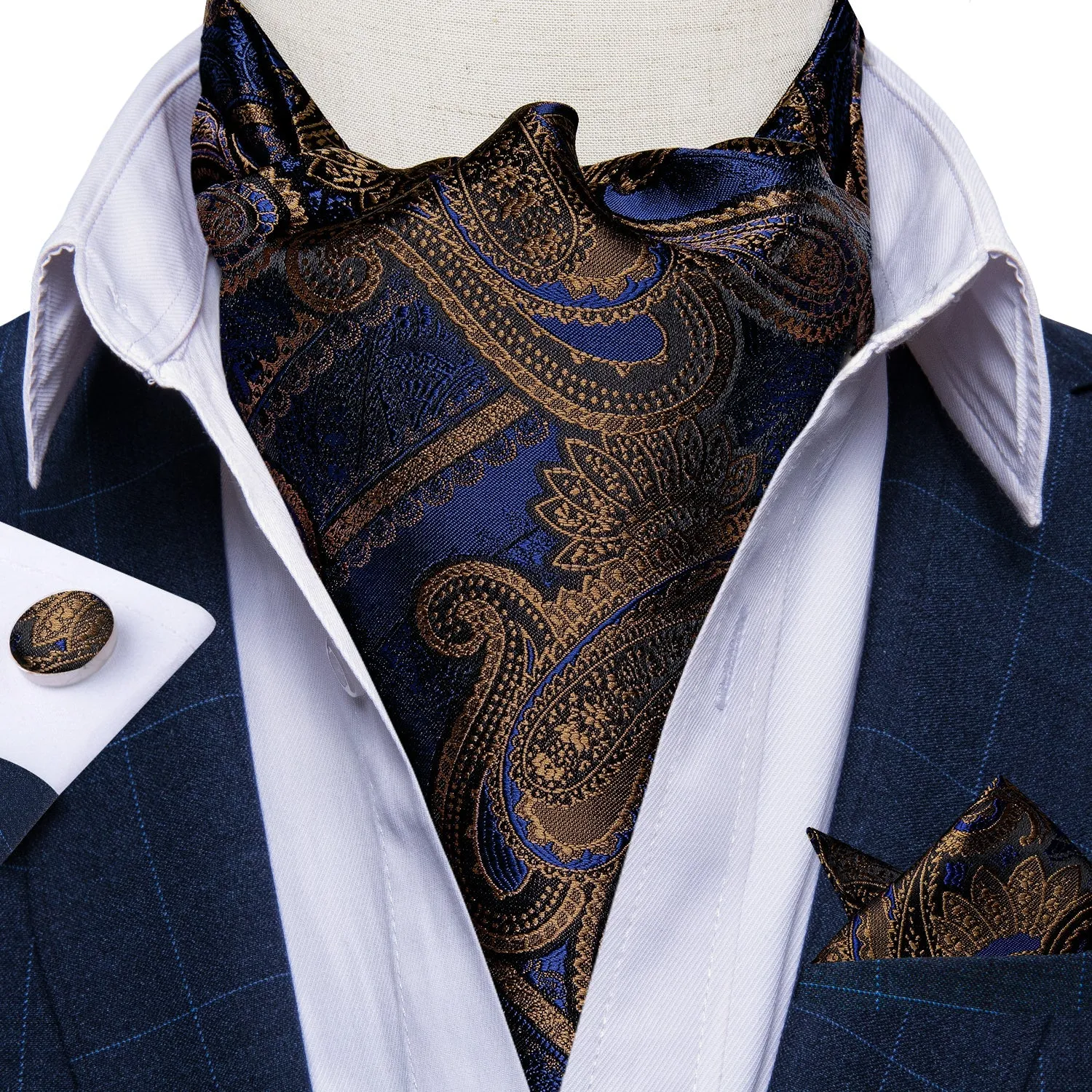 Novelty Blue Brown Paisley Silk Cravat Woven Ascot Tie Pocket Square Handkerchief Set sold by Ties2You